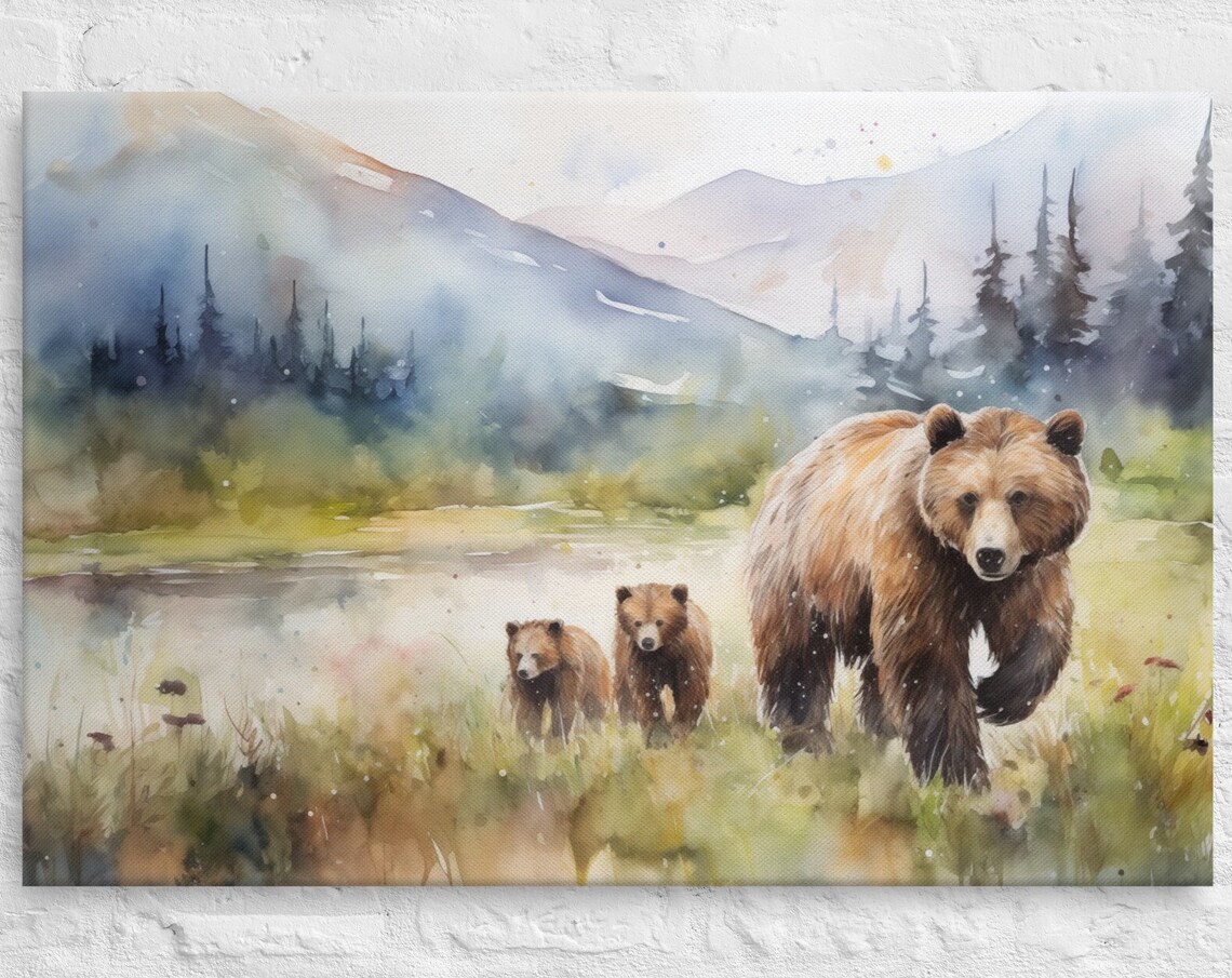 Grizzly Bear With Cubs Watercolor Painting Mountain Wildlife Poster - Image 3