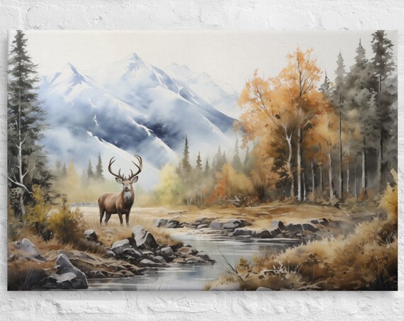 Deer In Mountain Stream Watercolor Print Buck Cabin Wildlife Poster