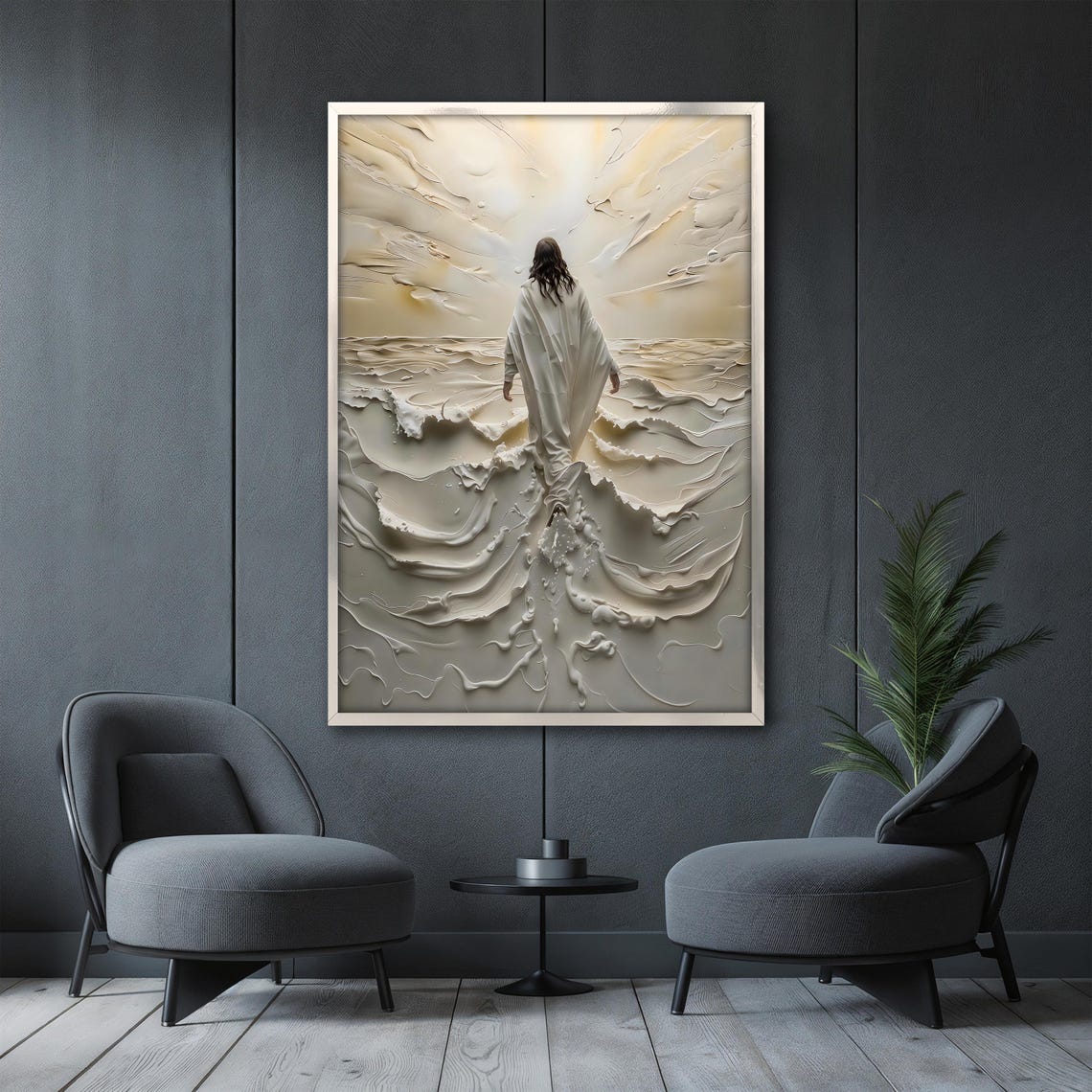 Jesus Walking on Water Across Gray Sculpted Textured Waves Poster - Image 3