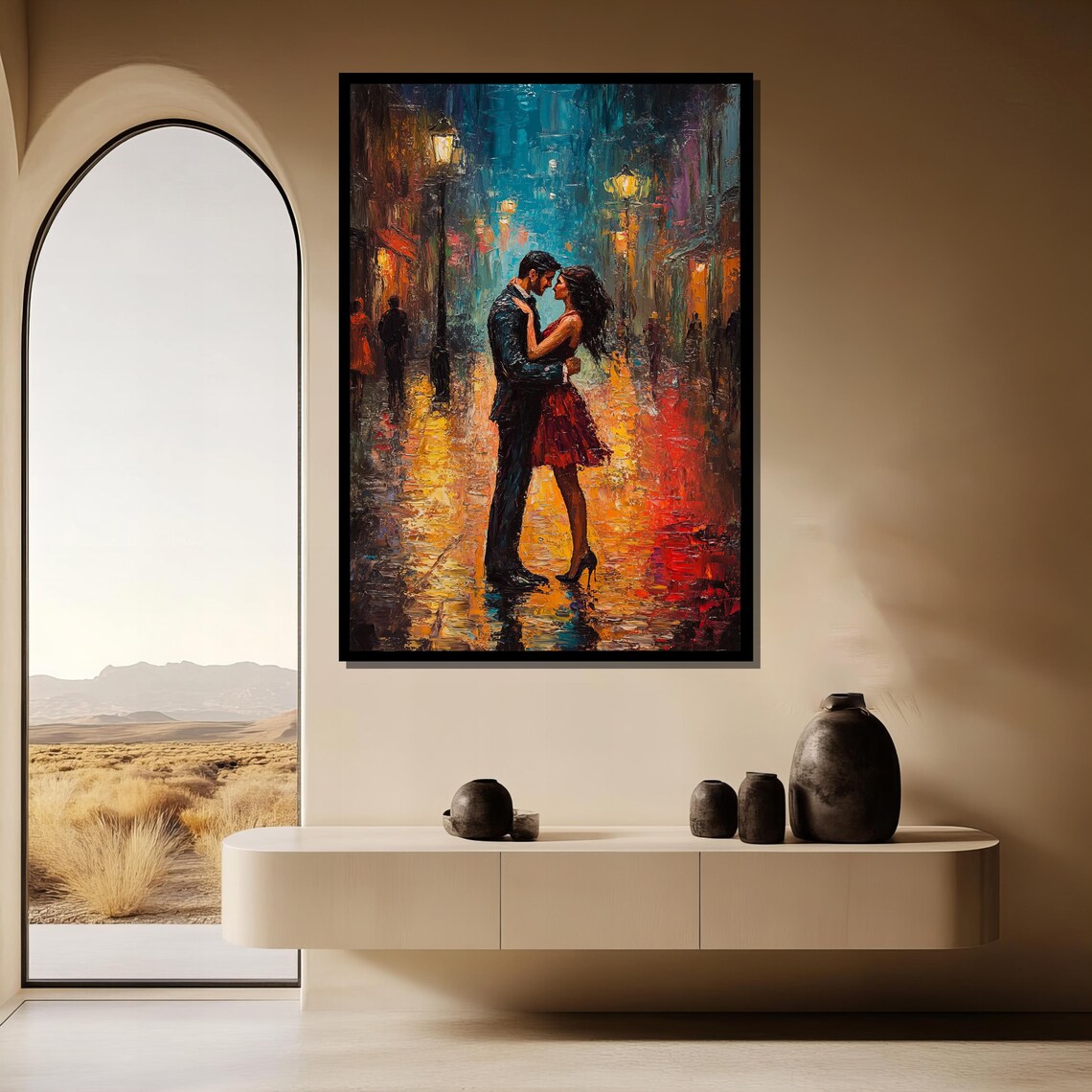 Couple Embracing on Rainy City Street at Night Colorful Art Poster - Image 3