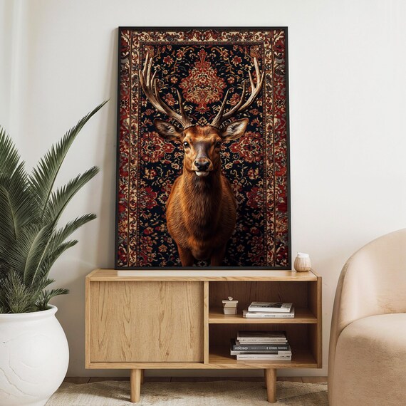 Majestic Deer Painting With Ornate Rug Design Elegant Wildlife Wall Art Gift For Nature Lovers And Luxury Dcor