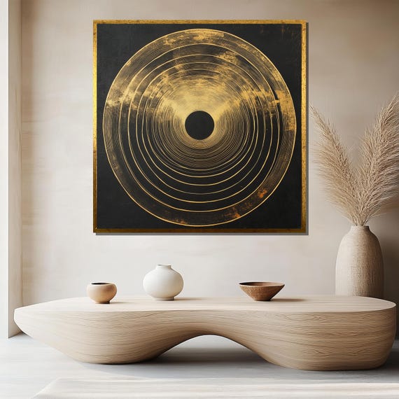 Black And Gold Abstract Painting Minimalist Circular Wall Art Modern Geometric Home Decor Unique Gift For Art Lovers