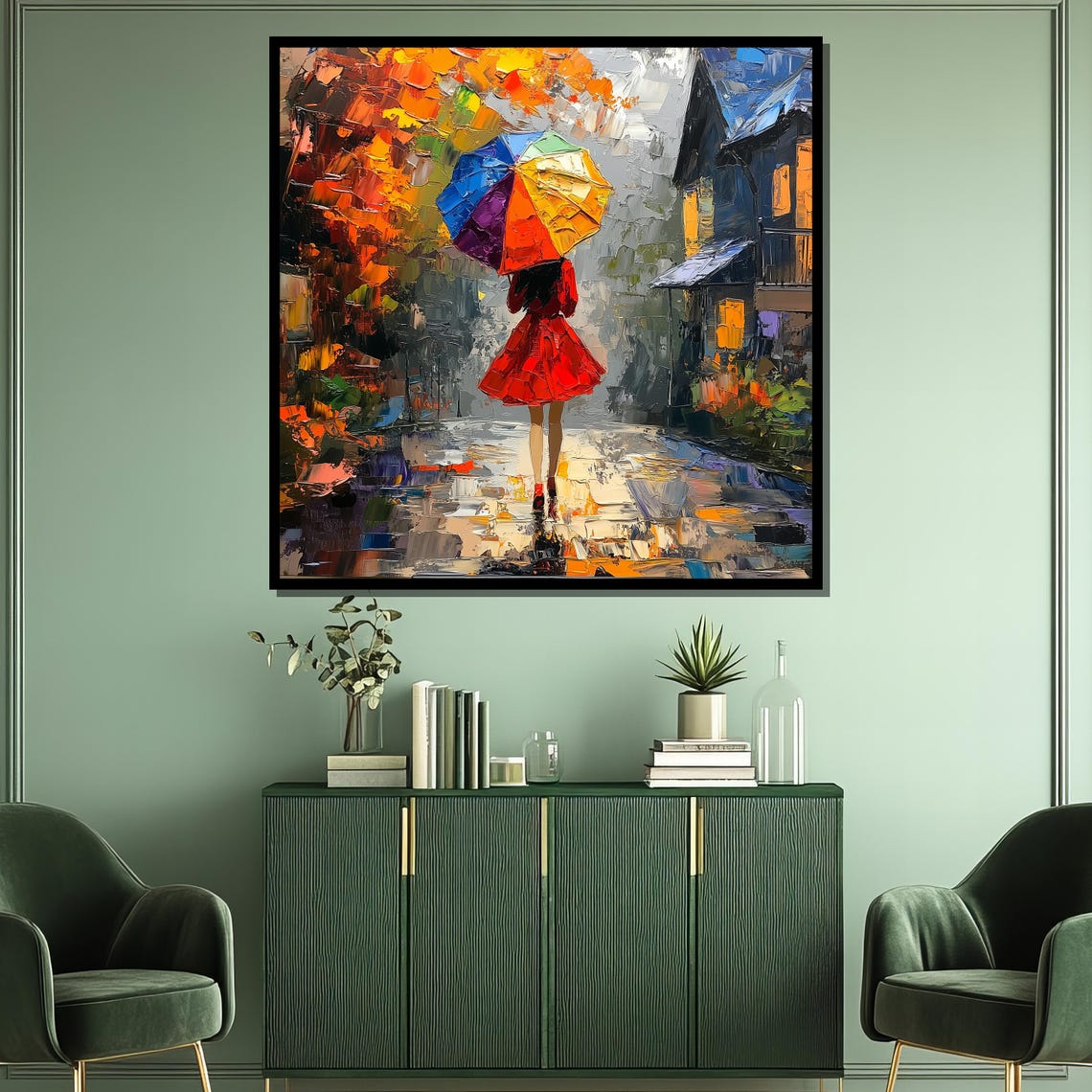 Rainbow Umbrella Girl On Autumn Street Impressionist Scene Poster - Image 3