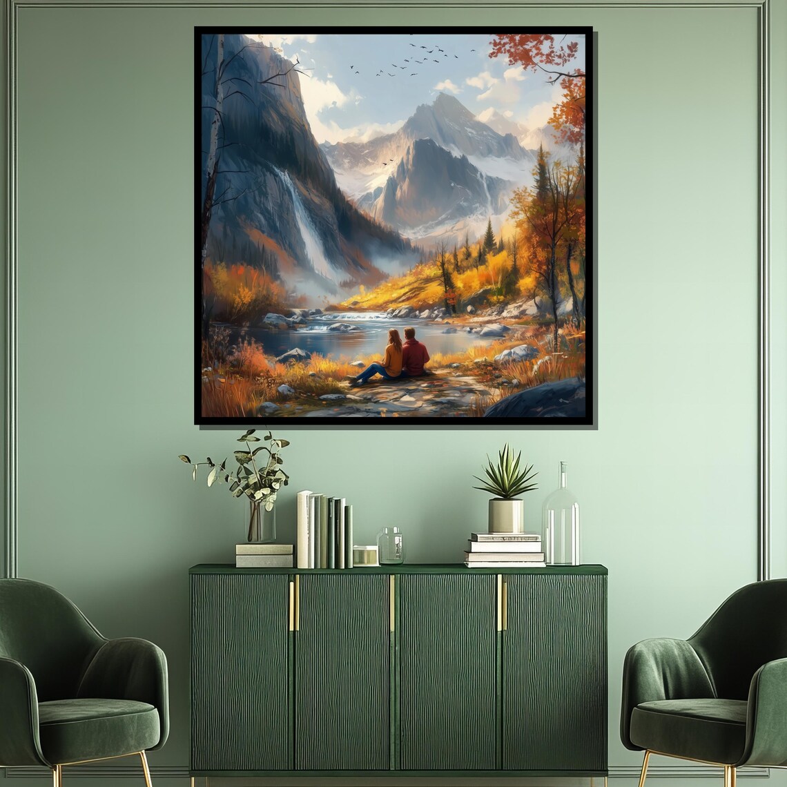Couple by Alpine Lake With Waterfall and Snowy Peaks Art Poster - Image 3