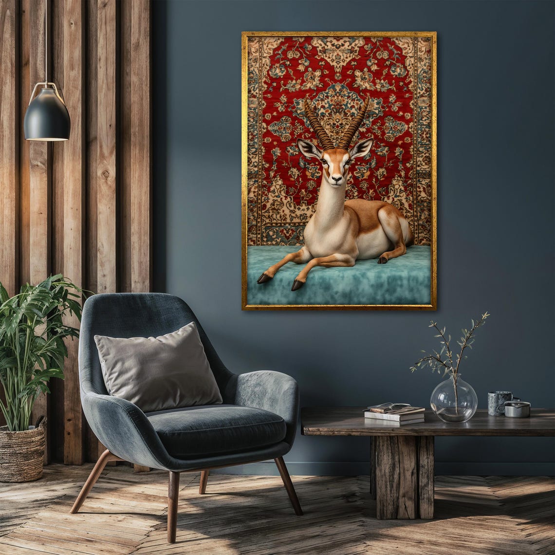 Gazelle Reclining Gracefully on a Teal Cushion with Red Rug Poster - Image 4