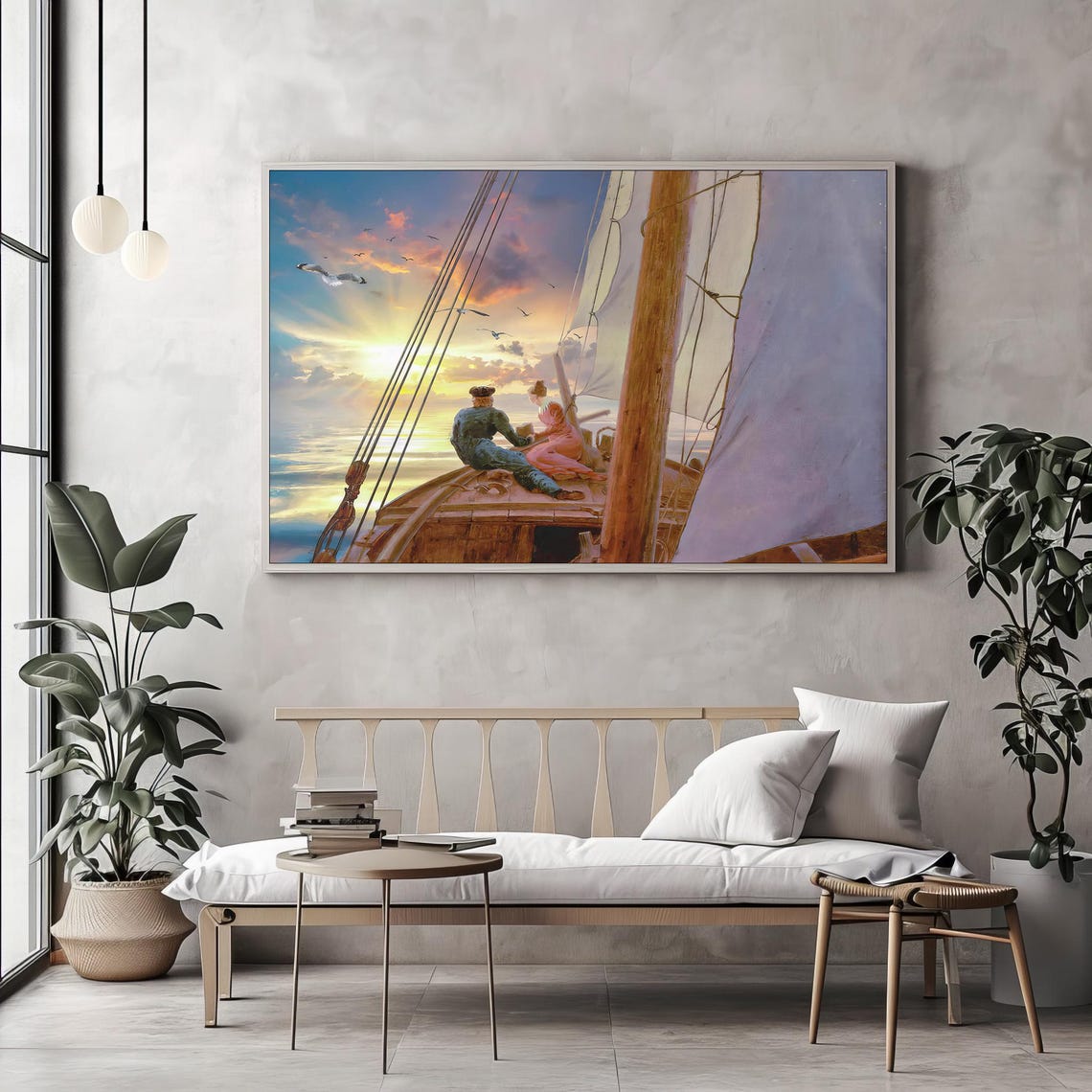 Sunset Sailboat Romance Couple Embracing on Open Sea Art Poster - Image 2