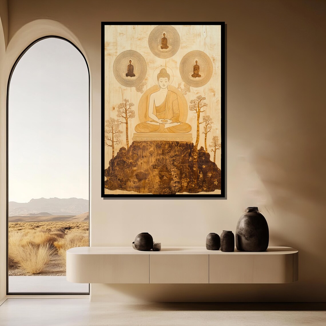 Wood Carved Buddha On Mountain Sepia Zen Spiritual Decor Poster - Image 3