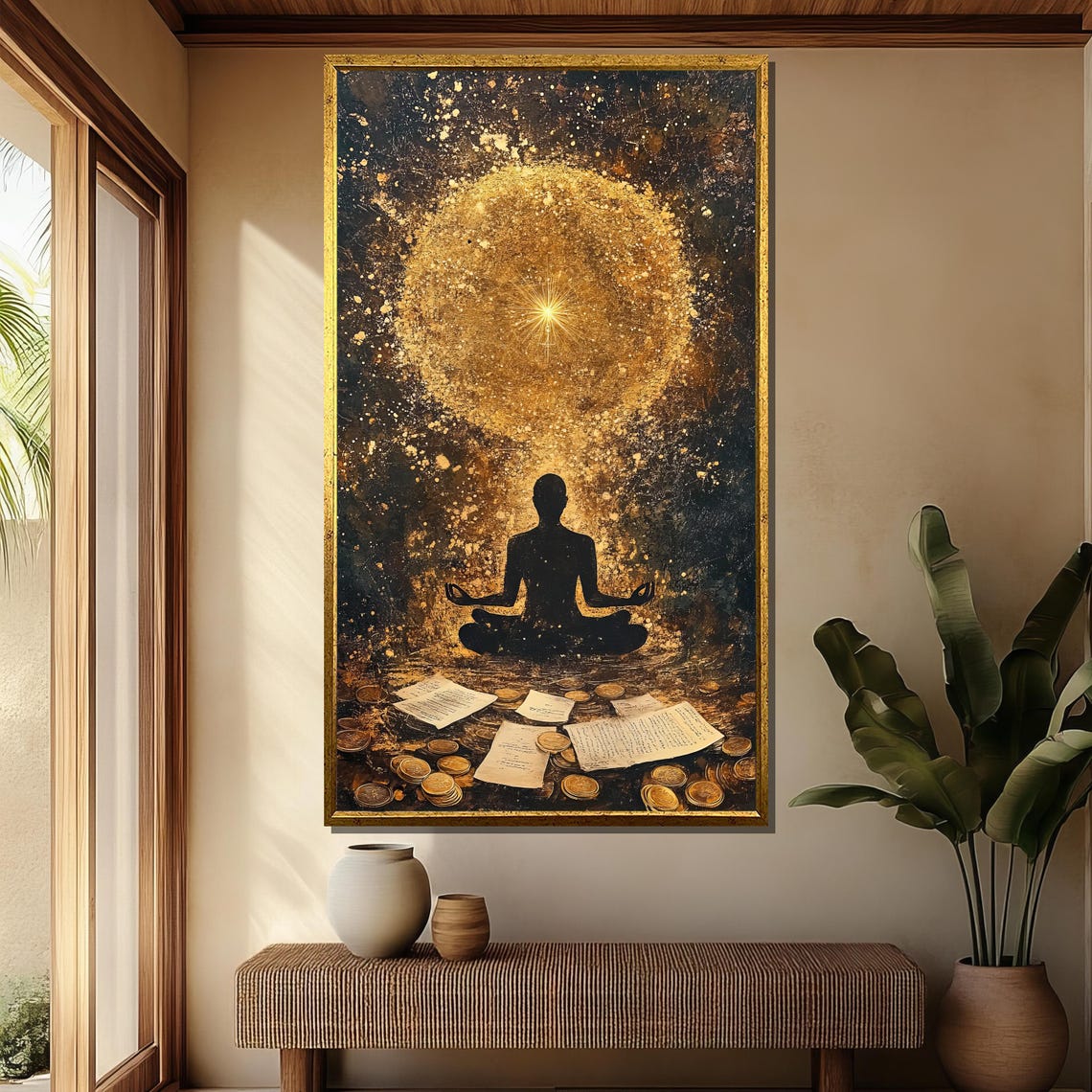 Golden Meditating Silhouette Radiant Sun Abstract Zen Poster - Image 4