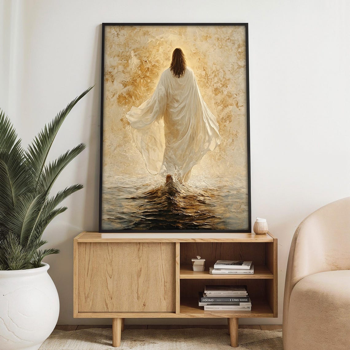 Jesus Walking on Water Seen from Behind in Warm Golden Light Poster