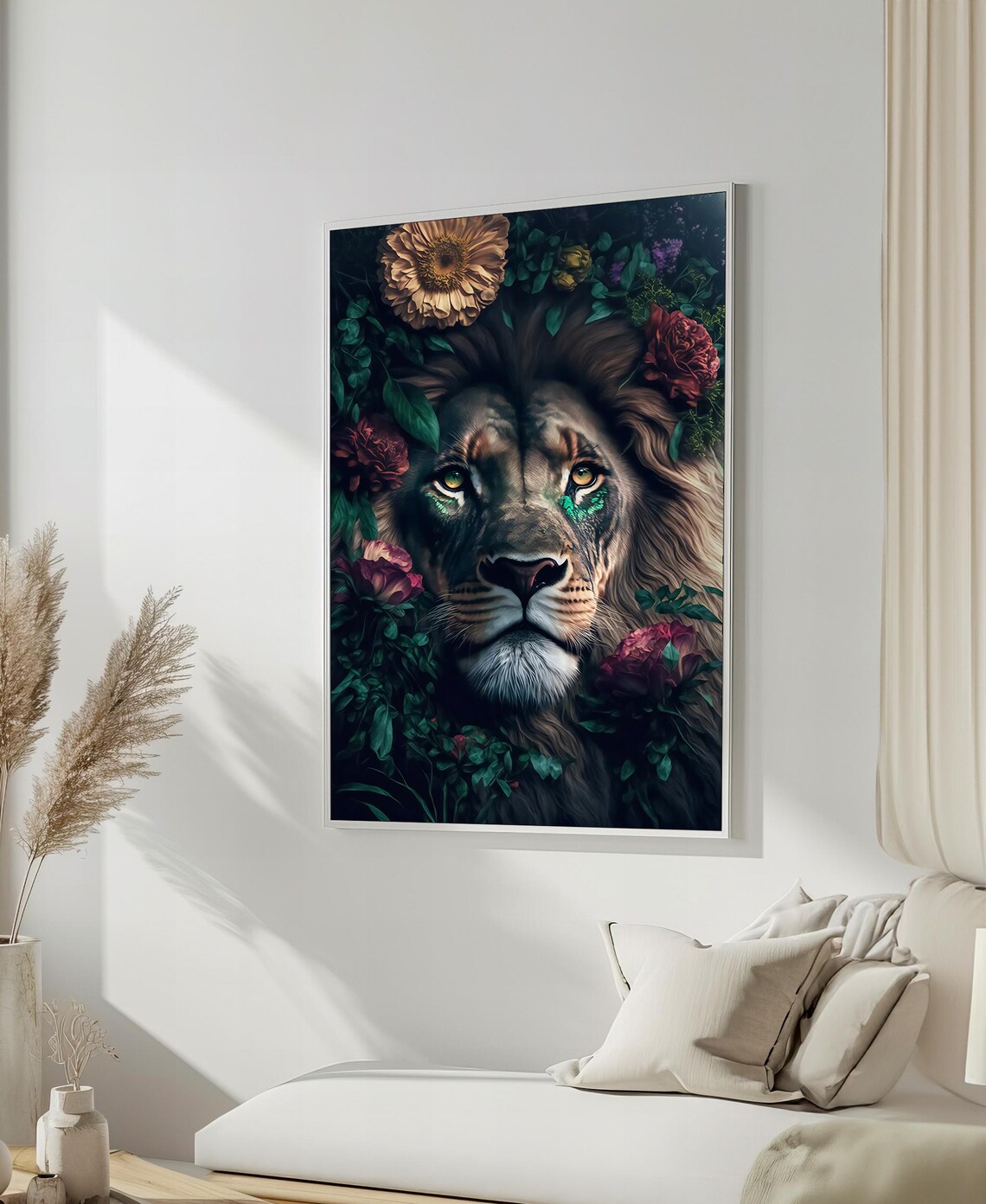 Lion Face Framed by Dark Botanical Flowers Painting Poster For Living Room