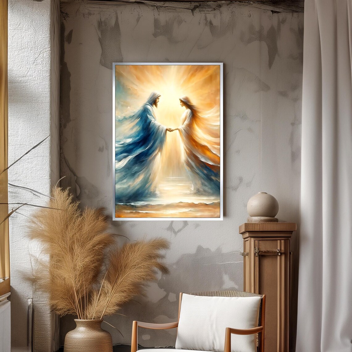 Heavenly Union Two Radiant Figures Holding Hands In Golden Light Poster - Image 3