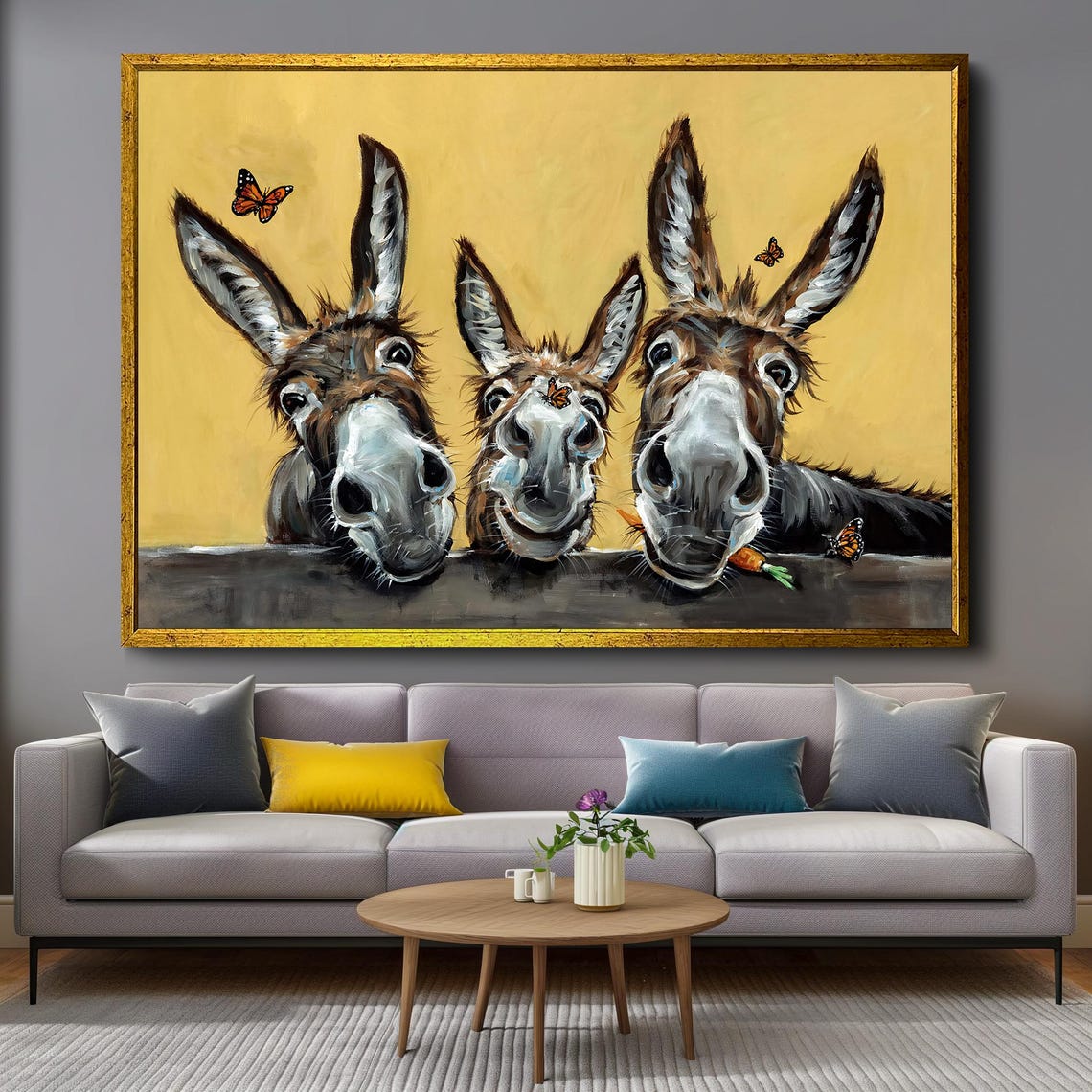 Three Playful Donkeys With Butterflies Funny Farm Animal Poster - Image 4