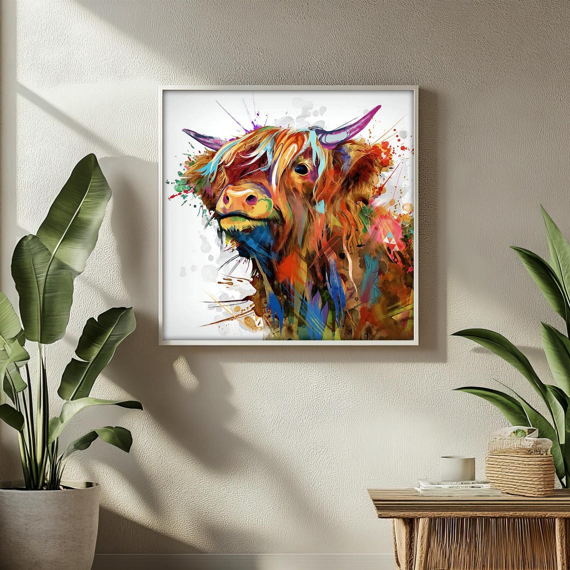Vibrant Abstract Highland Cow Head Splash Art Painting Style Poster - Image 2