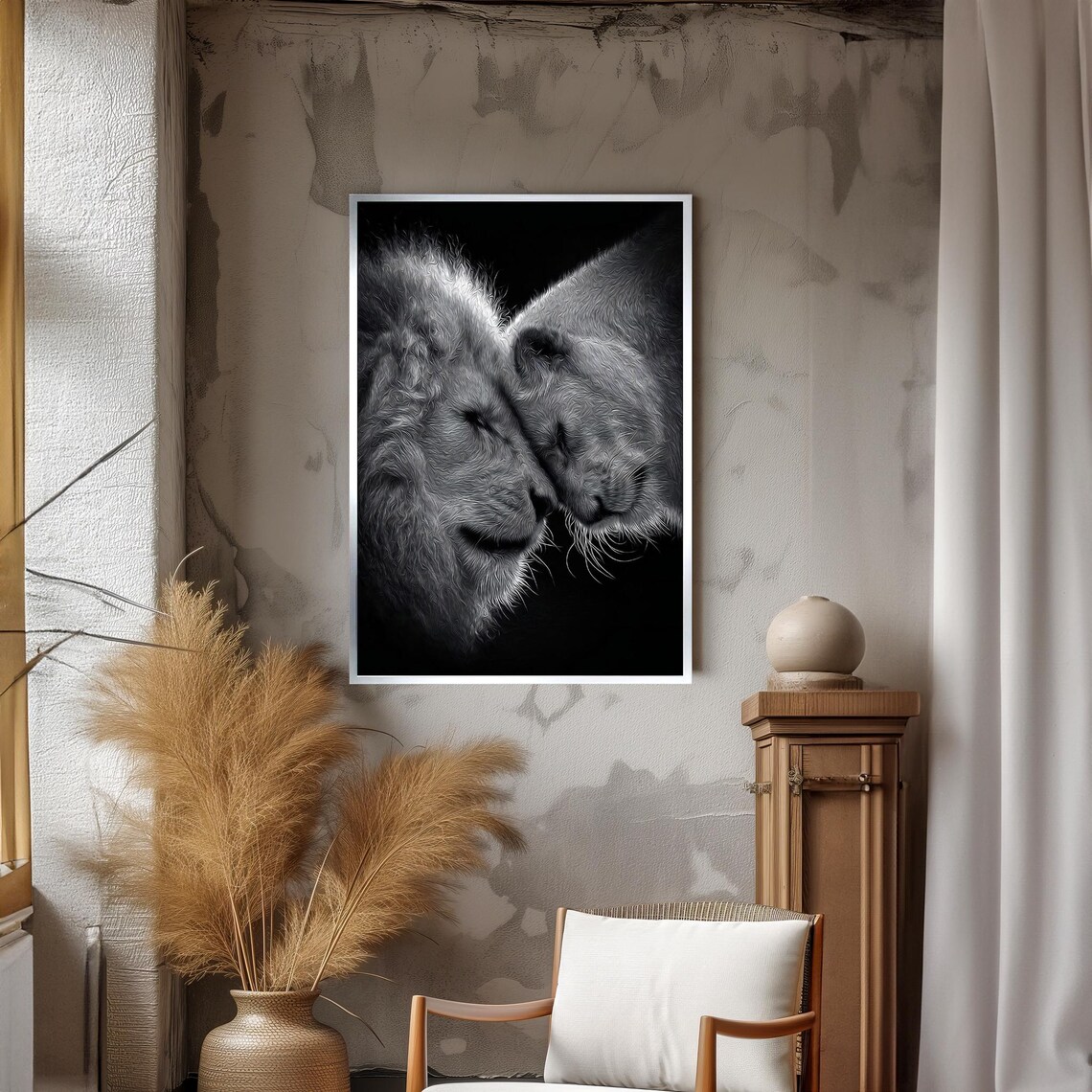Lion and Lioness in Tender Embrace Monochrome Art Poster For Couples Gift - Image 3
