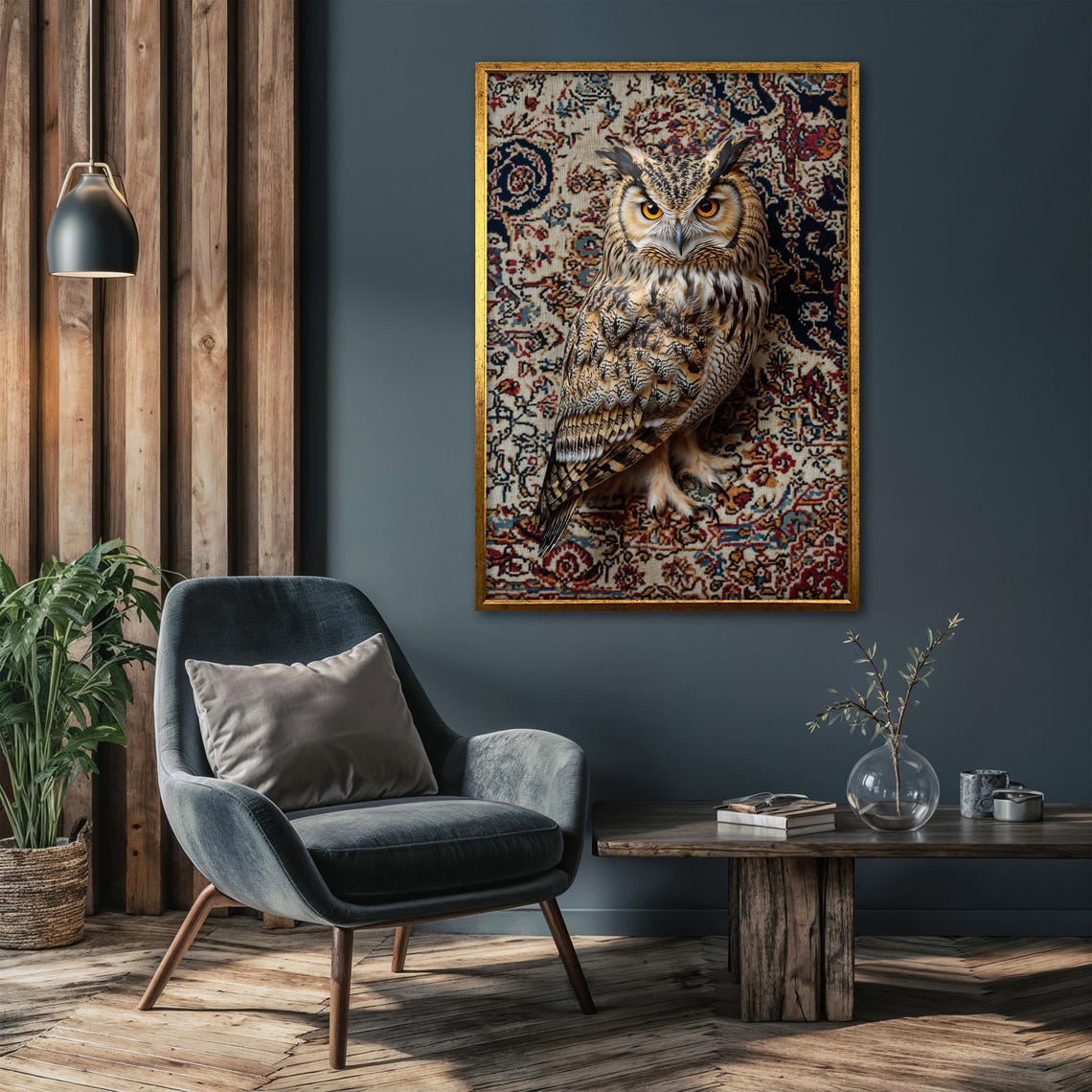Great Horned Owl Perched Alertly on an Ornate Patterned Rug Poster - Image 4