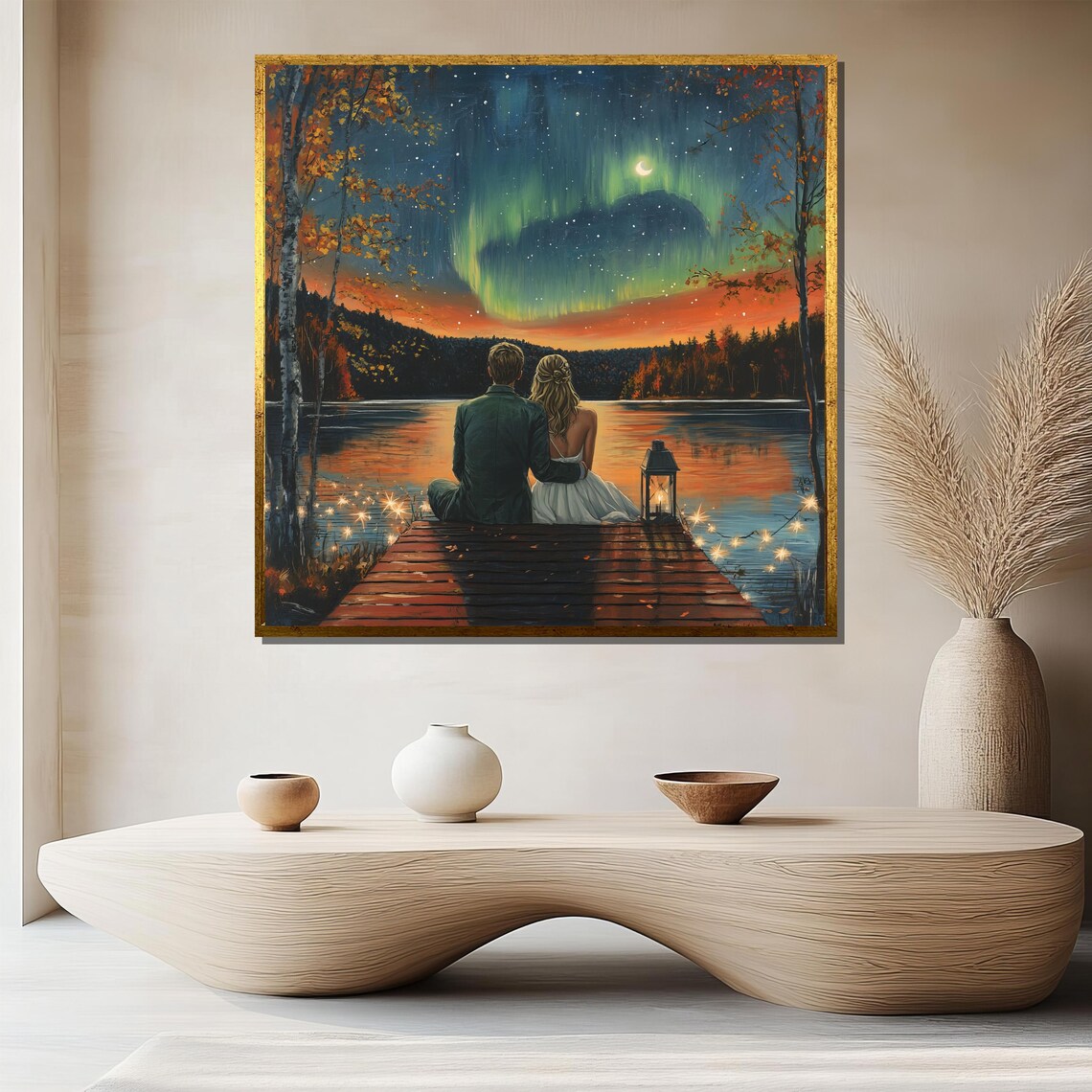 Romantic Couple on Dock Under Northern Lights Lake Night Poster