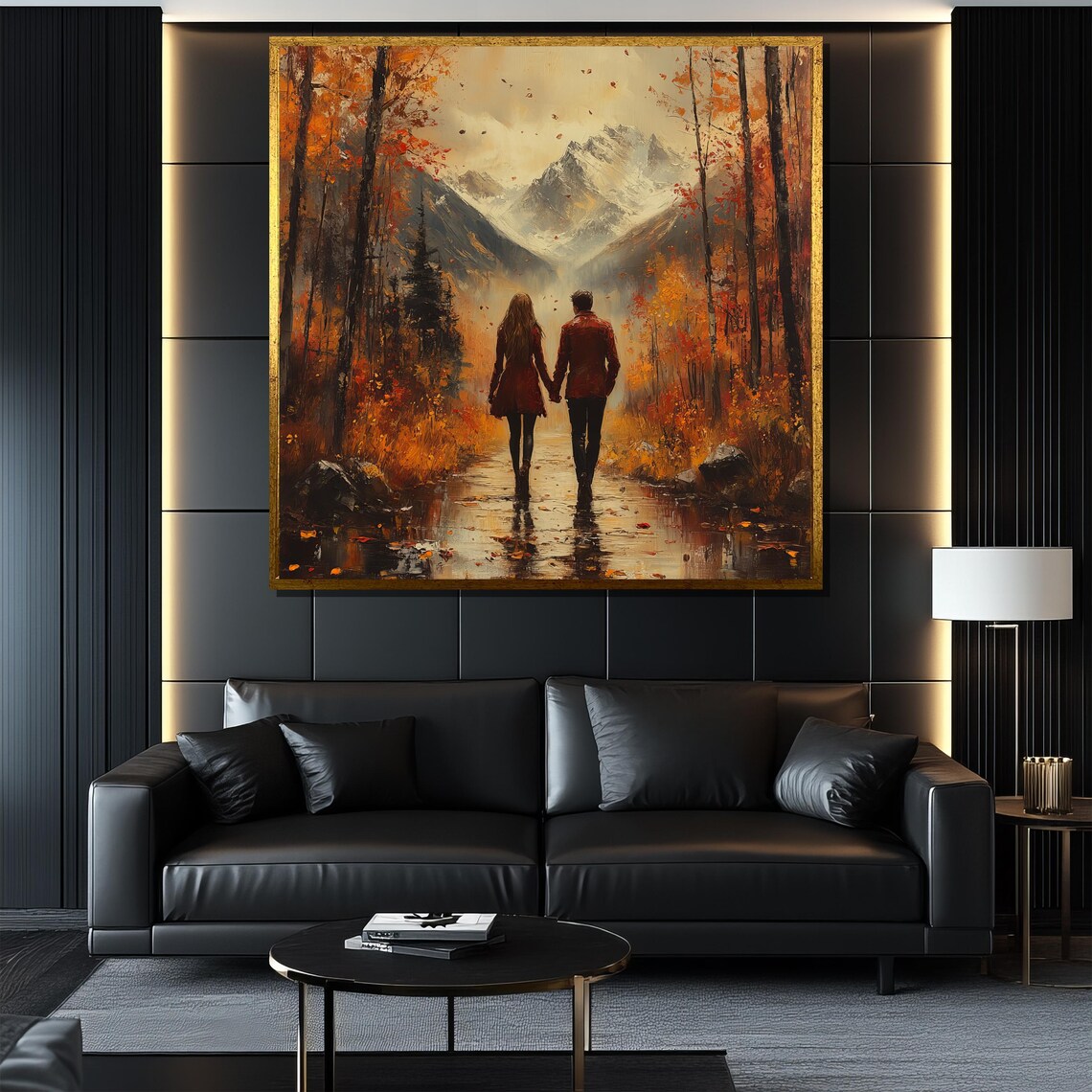 Couple Walking Autumn Forest Toward Snowy Mountains Art Poster - Image 4