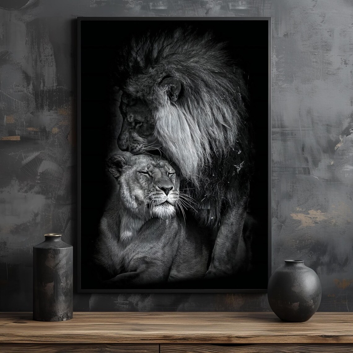Monochrome Lion Resting His Head on the Lioness Poster For Bedroom Decor - Image 2