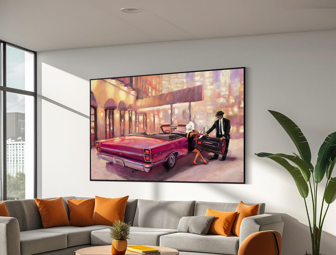 Romantic Night Out Classic Red Convertible and Couple Art Poster