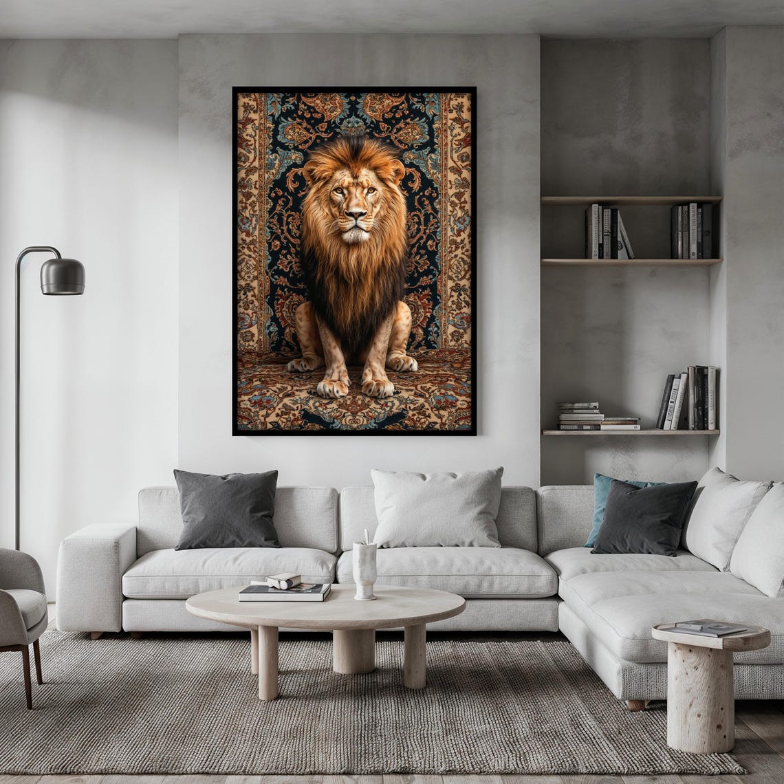 Lion Sitting Tall and Forward on a Blue and Black Ornate Rug Poster - Image 2
