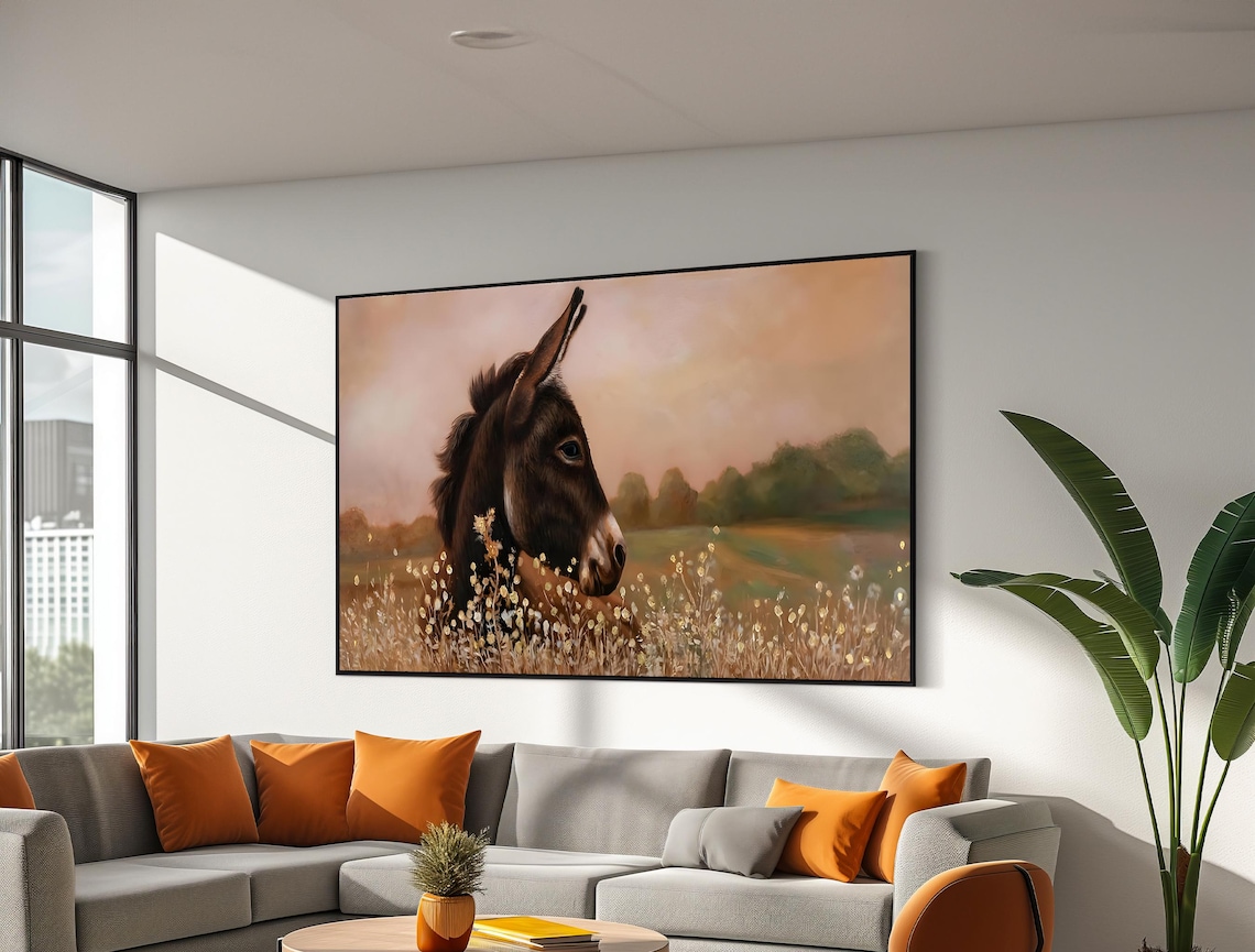Donkey In Golden Meadow At Sunset Serene Pastoral Animal Poster