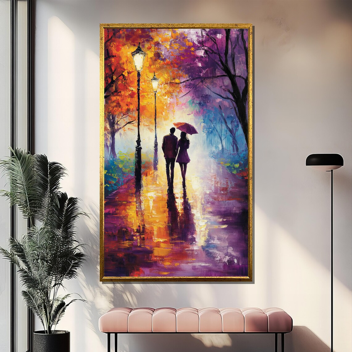 Couple With Purple Umbrella on Rainy Lamp Lit Street Art Poster