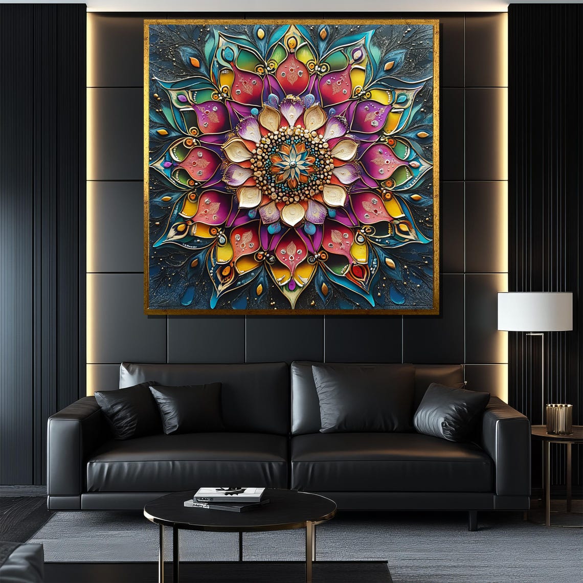 Vibrant Jewel Tone Floral Mandala Glowing on a Dark Night Poster - Image 4