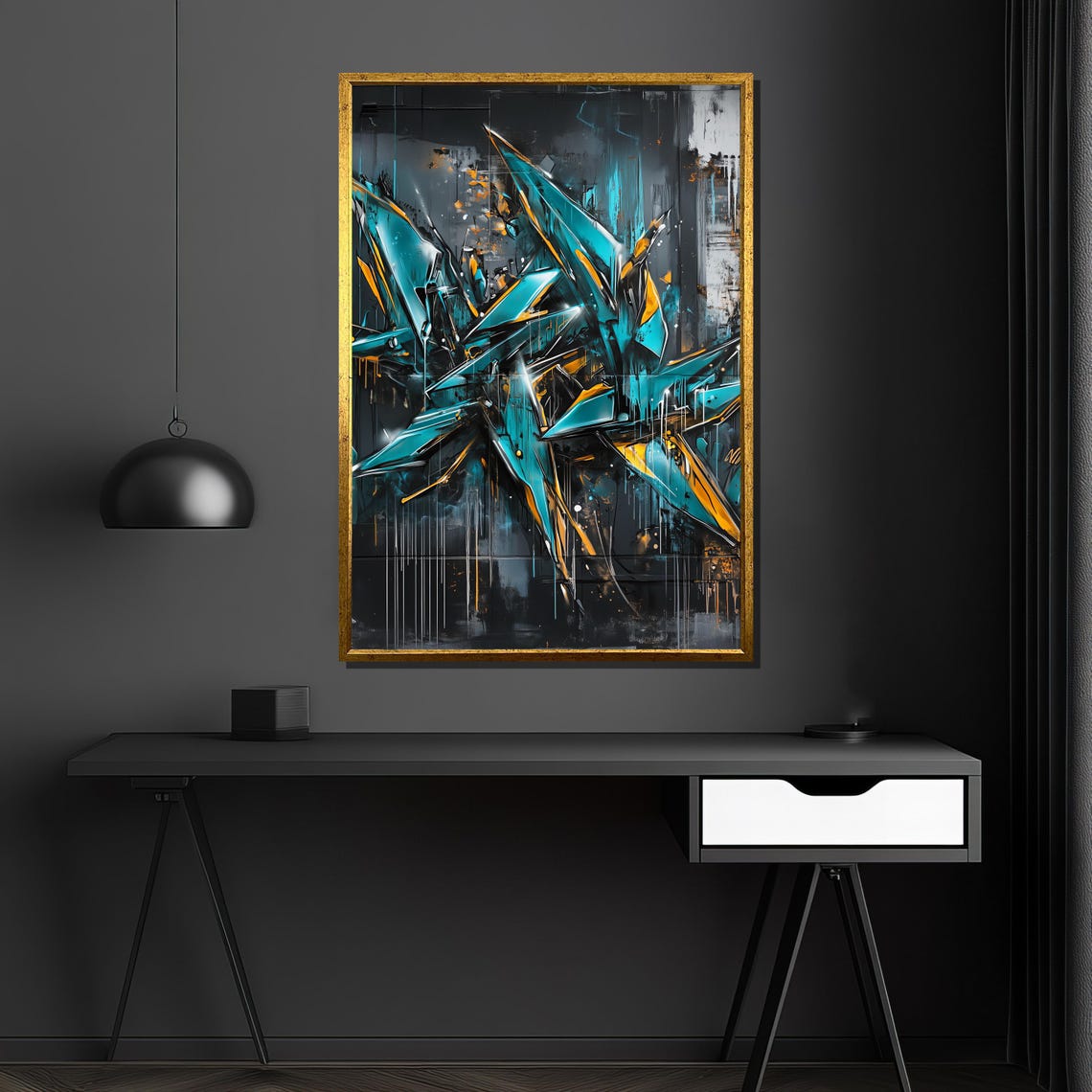 Turquoise and Gold Graffiti Shards Abstract Urban Street Art Poster - Image 4