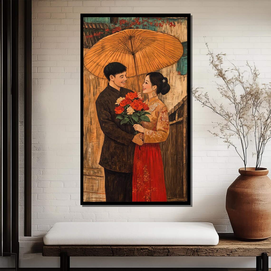 Asian Couple Under Oil Paper Umbrella Traditional Romance Poster - Image 3