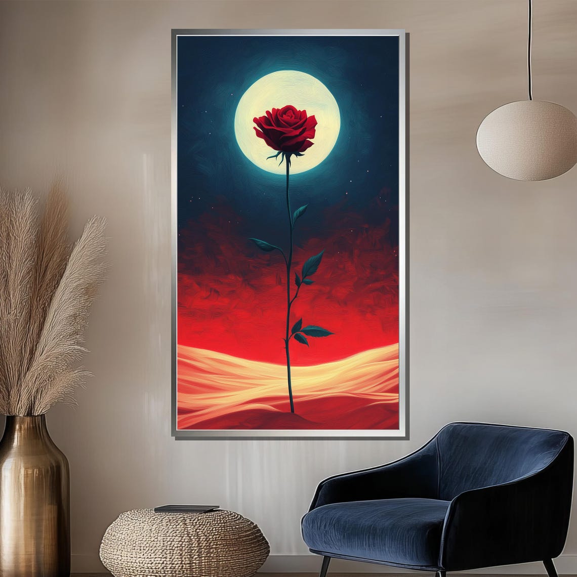 Single Red Rose Against Full Moon Night Desert Surreal Art Poster - Image 2