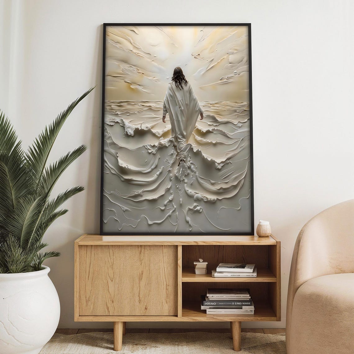 Jesus Walking on Water Across Gray Sculpted Textured Waves Poster