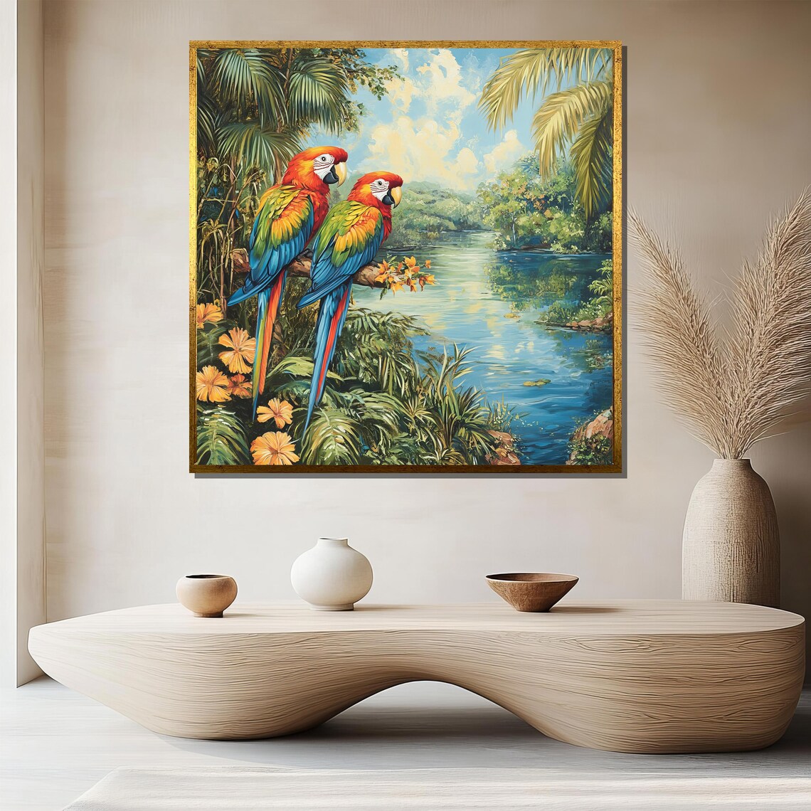 Scarlet Macaw Parrots By Tropical River Jungle Scene Art Poster