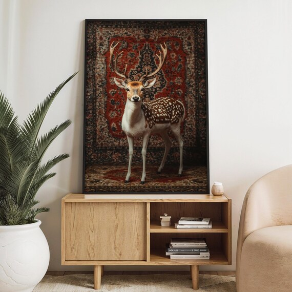 Graceful Spotted Deer Painting With Ornate Rug Design Elegant Wildlife Wall Art Gift For Nature Lovers And Luxury Dcor