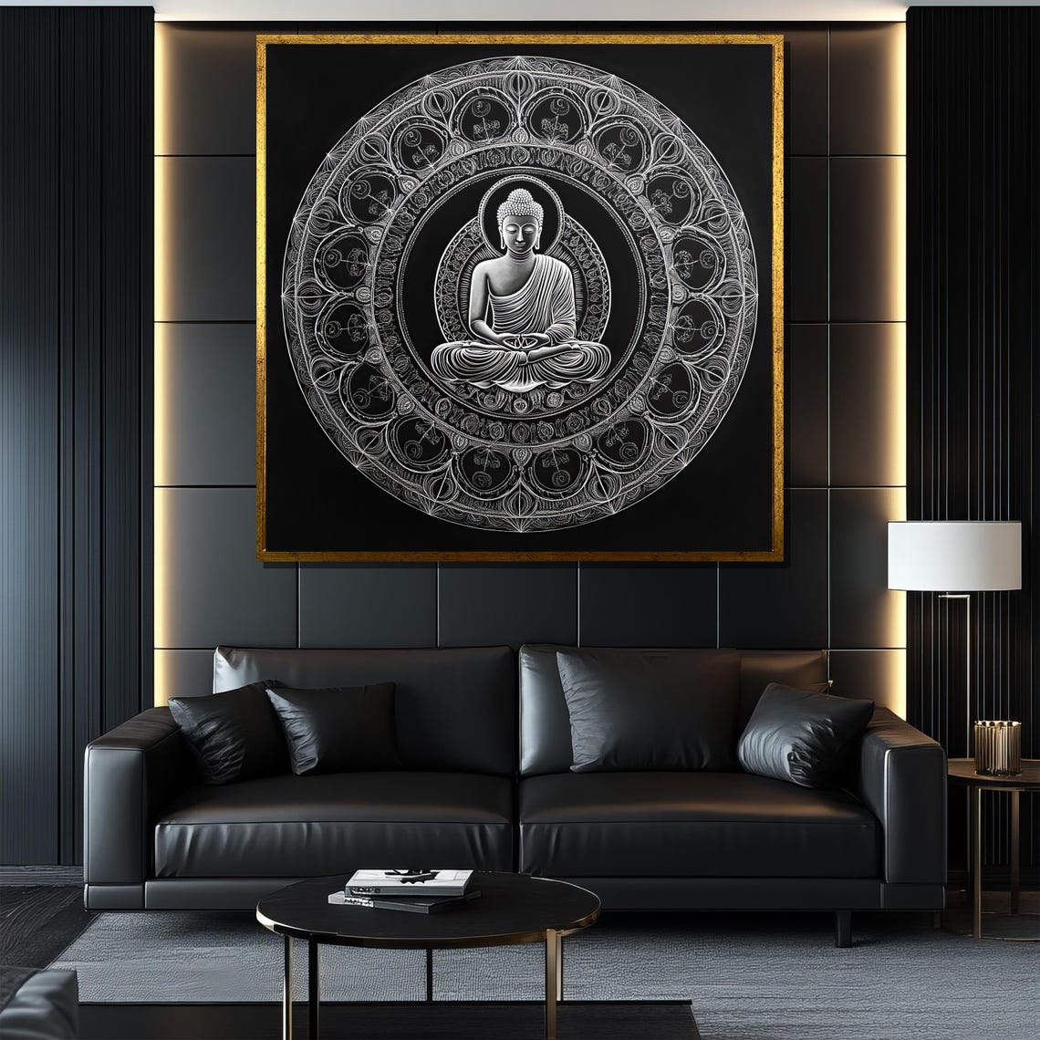 Buddha In Mandala White On Black Spiritual Meditation Decor Poster - Image 4