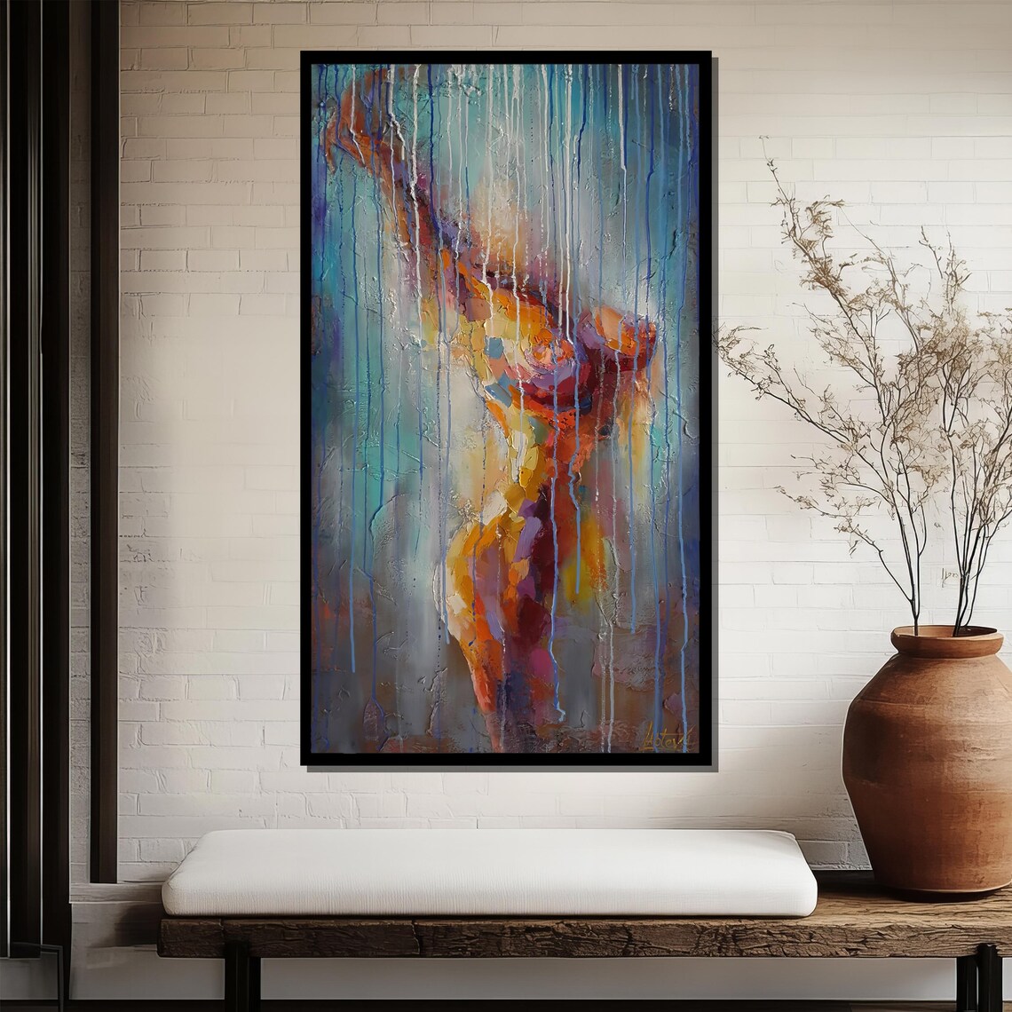 Abstract Female Figure in Dripping Paint Teal Orange Art Poster - Image 3