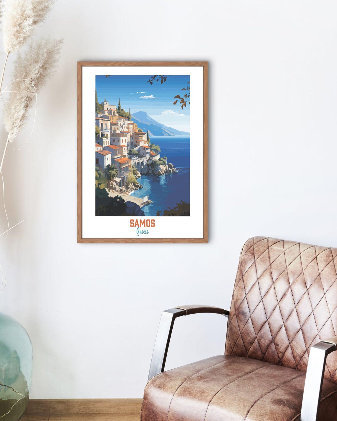 Samos Greece Coastal Town Red Roofs Deep Blue Aegean Sea Travel Poster - Image 2