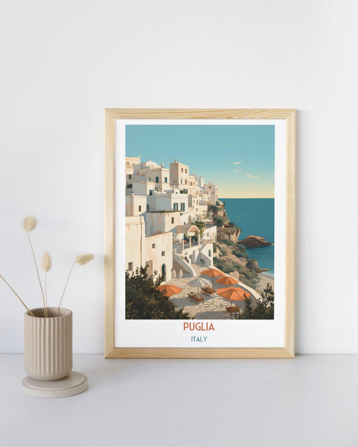 Puglia Italy Whitewashed Coastal Town and Terrace View Travel Print