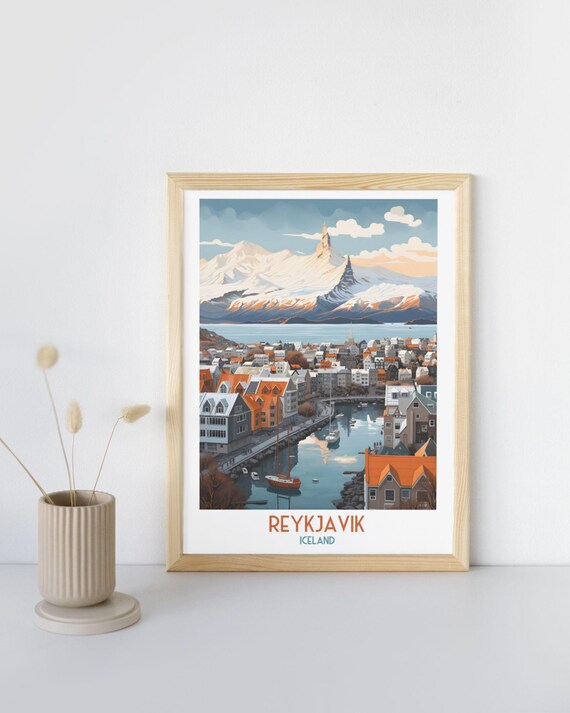 Reykjavik Iceland Harbor View With Snow Capped Mountains Art Print