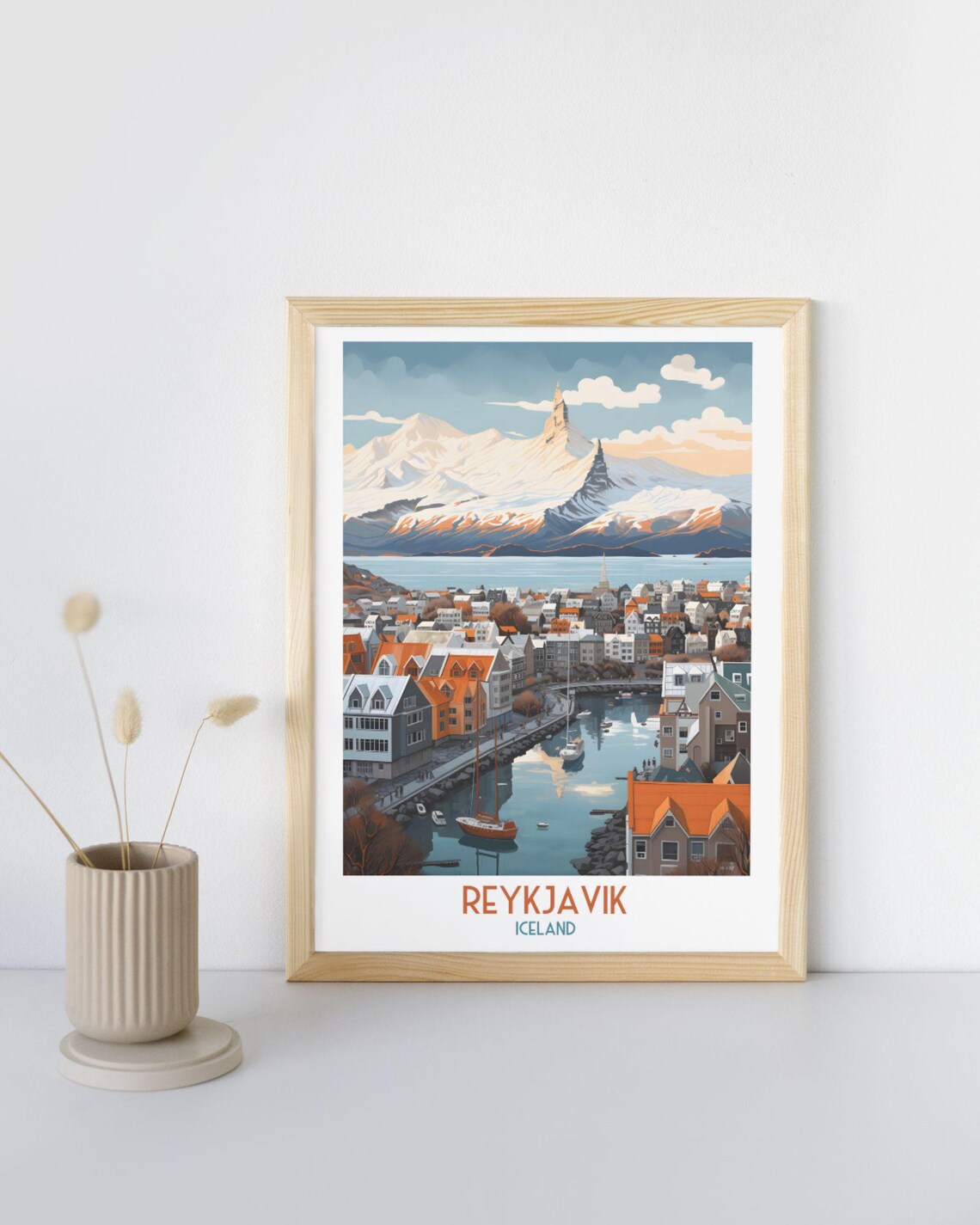 Reykjavik Iceland Harbor View With Snow Capped Mountains Art Print