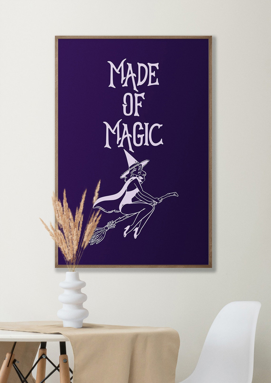 Made of Magic Witch on Broomstick Purple Line Art Halloween Poster - Image 5