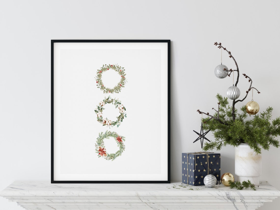 Watercolor Christmas Wreath Trio Botanical Holiday Wall Poster - Image 3