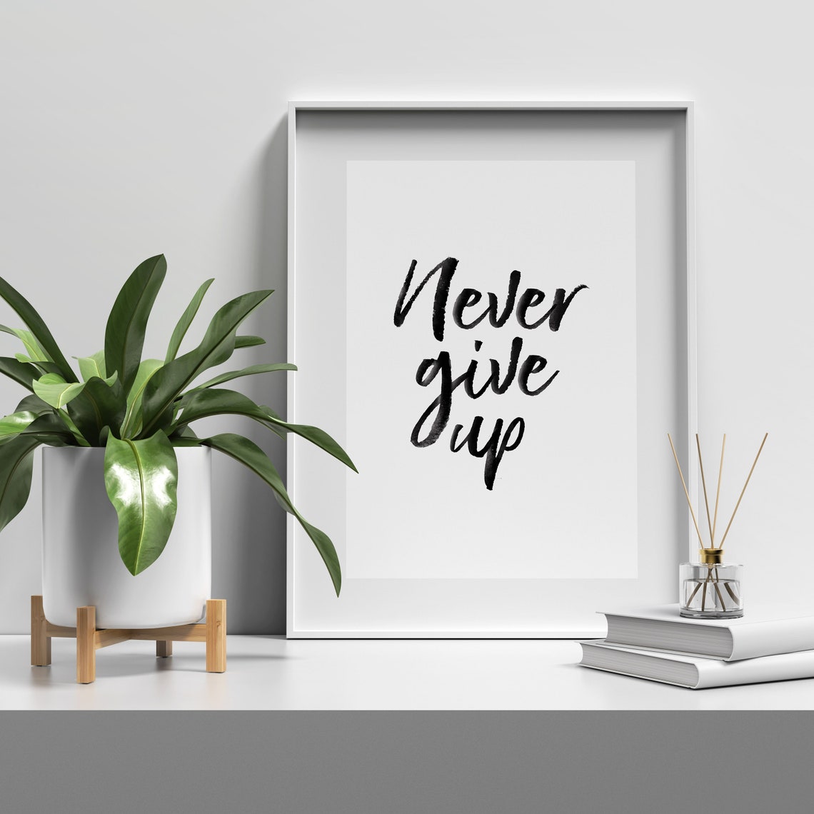 Never Give Up Brush Script Motivational Quote Botanical Art Print - Image 2