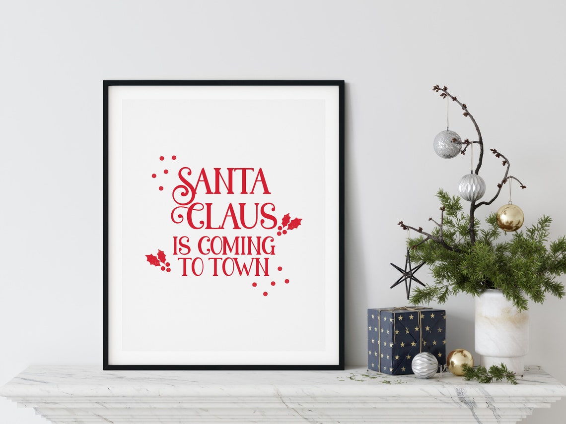 Santa Claus Is Coming to Town Holly Red Lettering Christmas Poster - Image 5