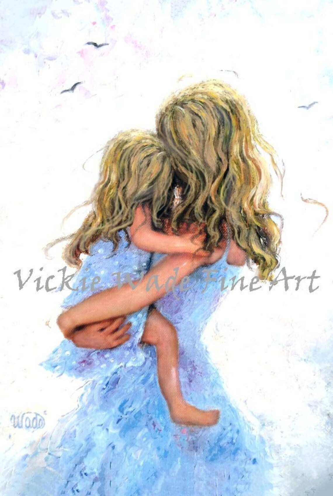 Blonde Mother Hugging Her Little Daughter in Blue Dress Poster