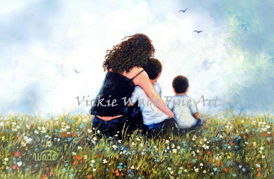 Curly-Haired Mother with Two Sons in a Wildflower Meadow Poster