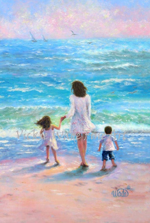 Beach Mother Daughter And Son Art Print Girl And Boy Walking With Mom In Surf Sister And Brother At Beach Vickie Wade Art