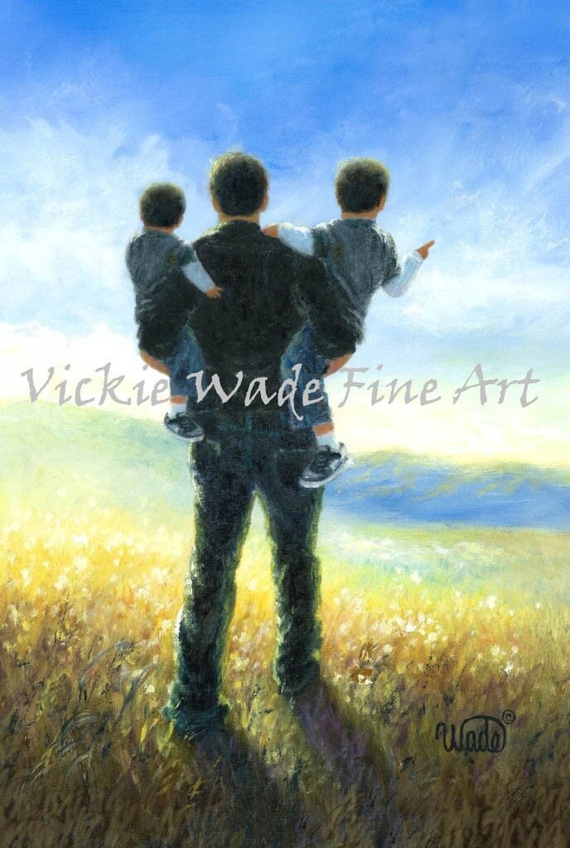 Father Carrying Two Sons On Shoulders In Golden Field At Sunset Poster