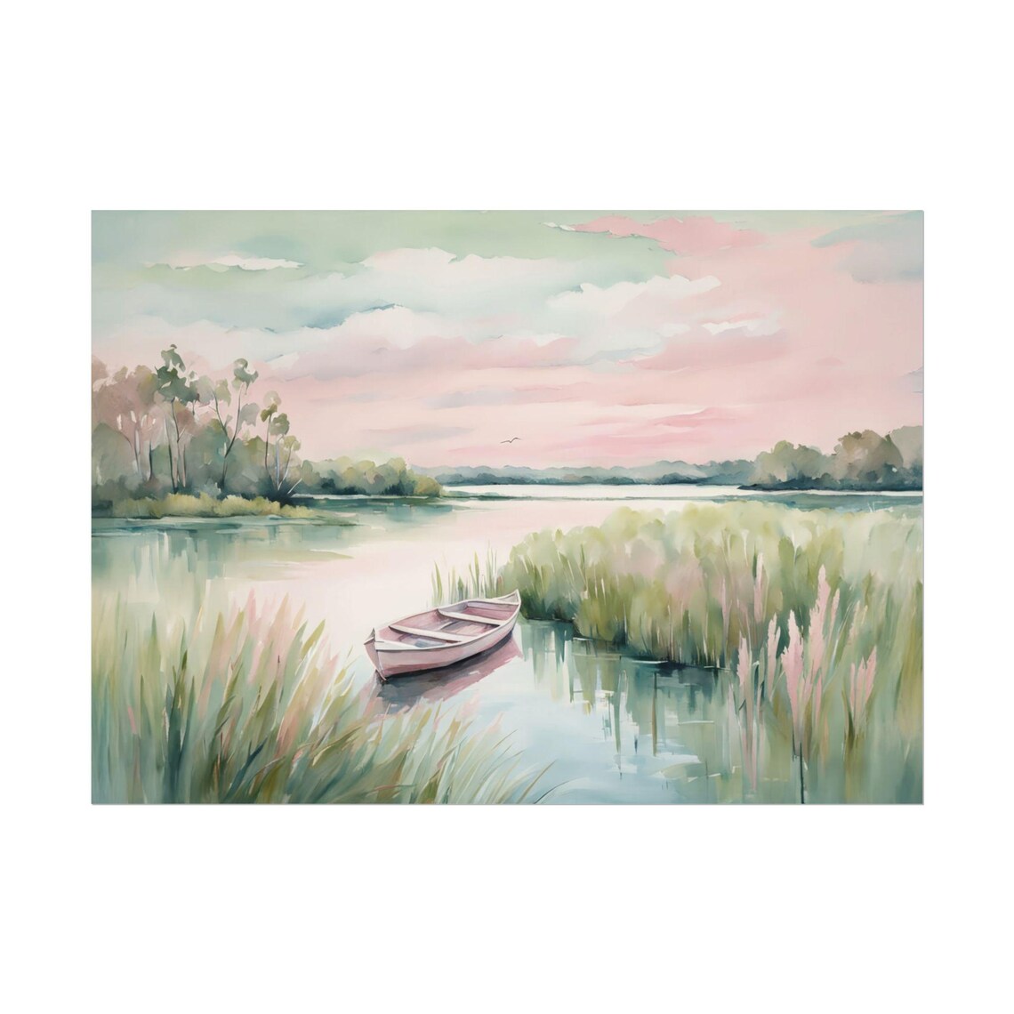 Marsh Landscape Pink Sunset Row Boat Art Print