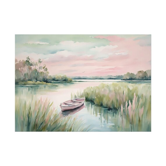 Marsh Landscape Pink Sunset Row Boat Art Print