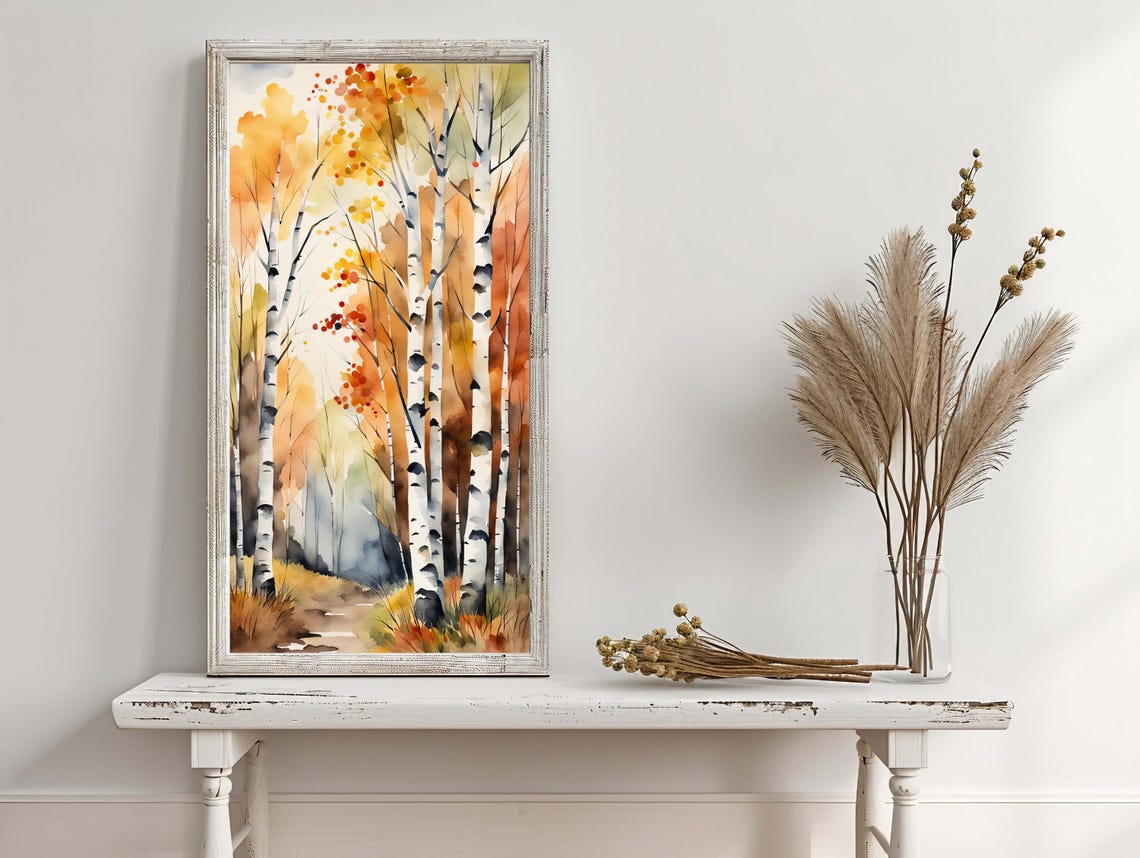 Golden Autumn Birch Forest White Trunks Watercolor Nature Poster